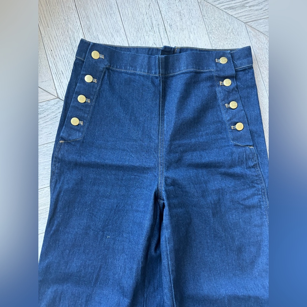 J. Crew Dark Blue Flare Jeans with Gold Buttons - Picture 3 of 6